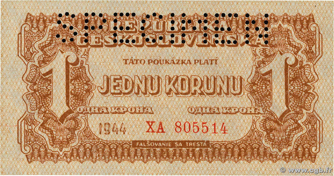 1 Koruna Spécimen TSCHECHOSLOWAKEI  1944 P.045s ST