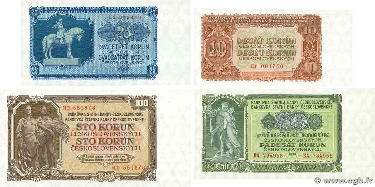 10 au 100 Korun Lot CZECHOSLOVAKIA  1953 P.083b au P.086b UNC-