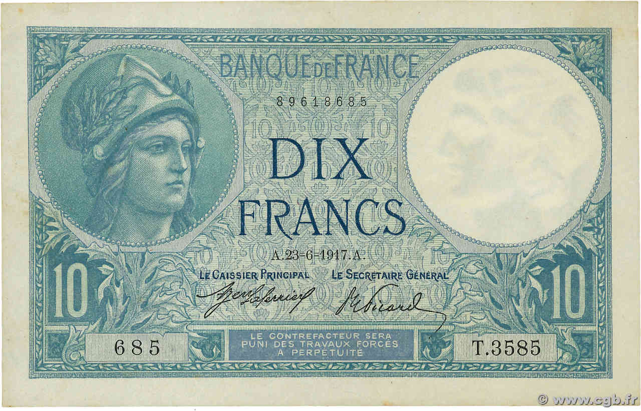 10 Francs MINERVE FRANCE  1917 F.06.02 XF