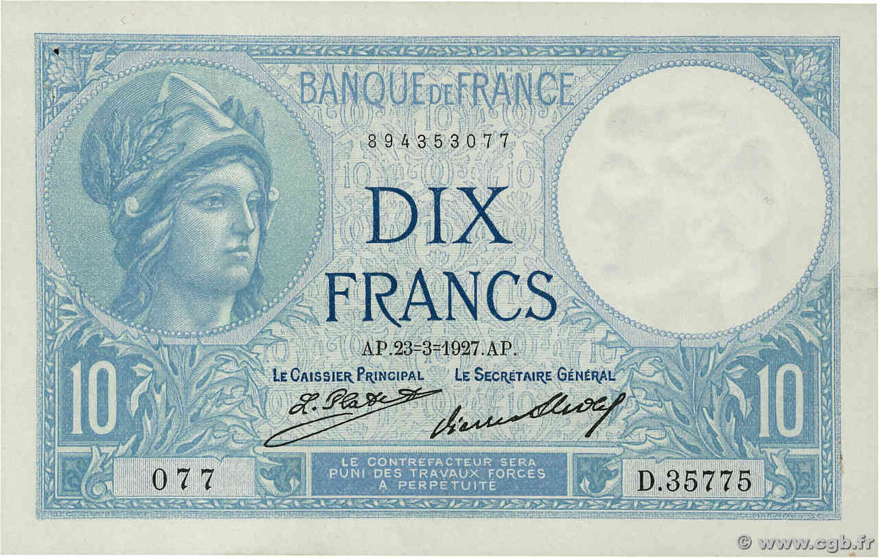 10 Francs MINERVE FRANKREICH  1927 F.06.12 fST