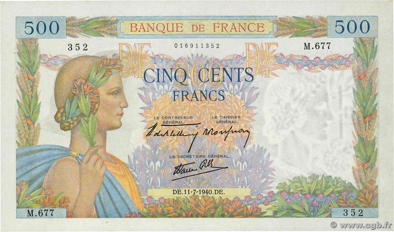 500 Francs LA PAIX FRANKREICH  1940 F.32.04 fST