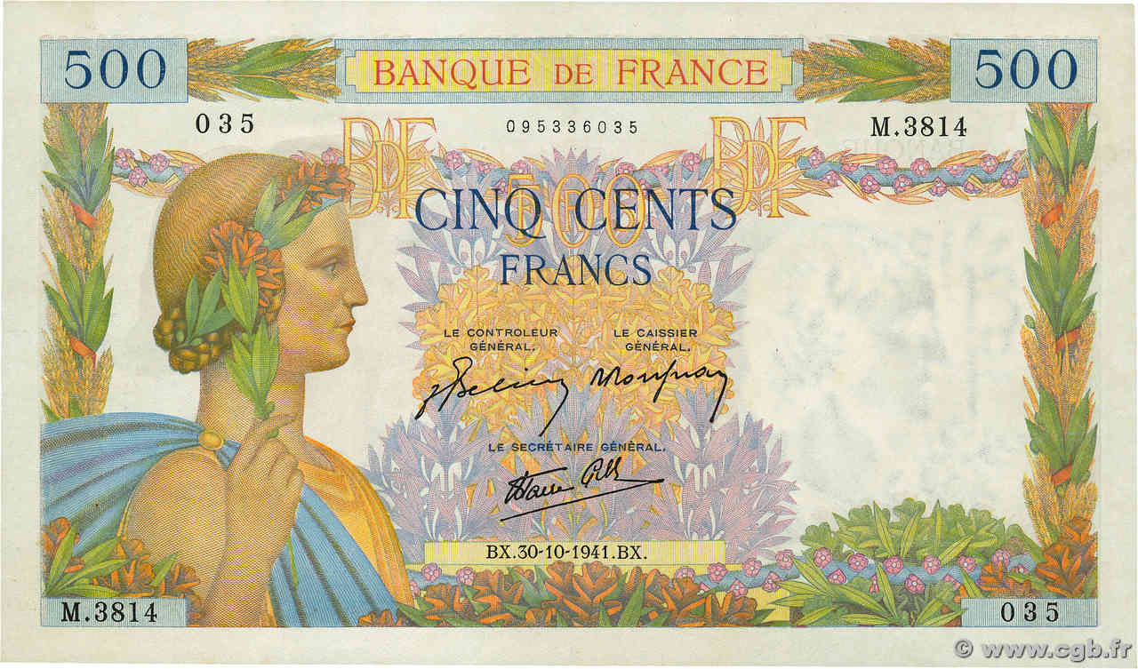 500 Francs LA PAIX FRANKREICH  1941 F.32.23 fST