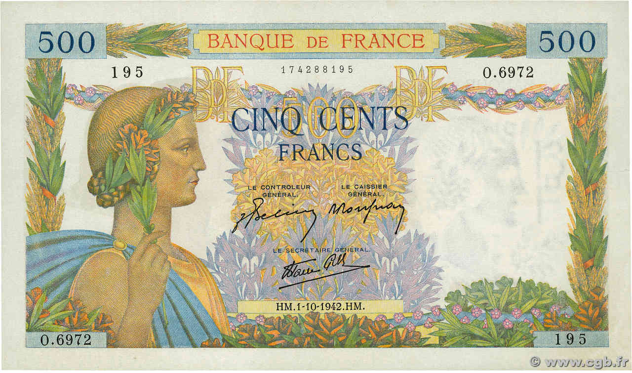 500 Francs LA PAIX FRANCE  1942 F.32.41 UNC-