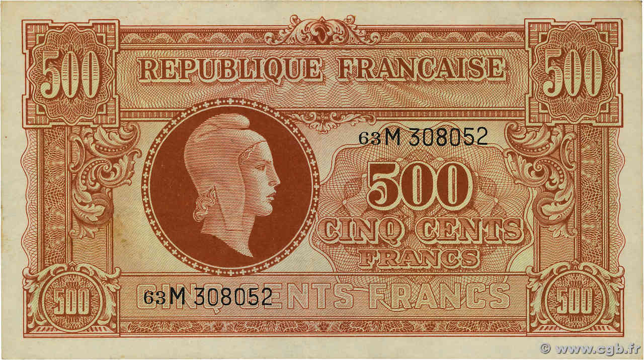 500 Francs MARIANNE fabrication anglaise FRANKREICH  1945 VF.11.02 VZ