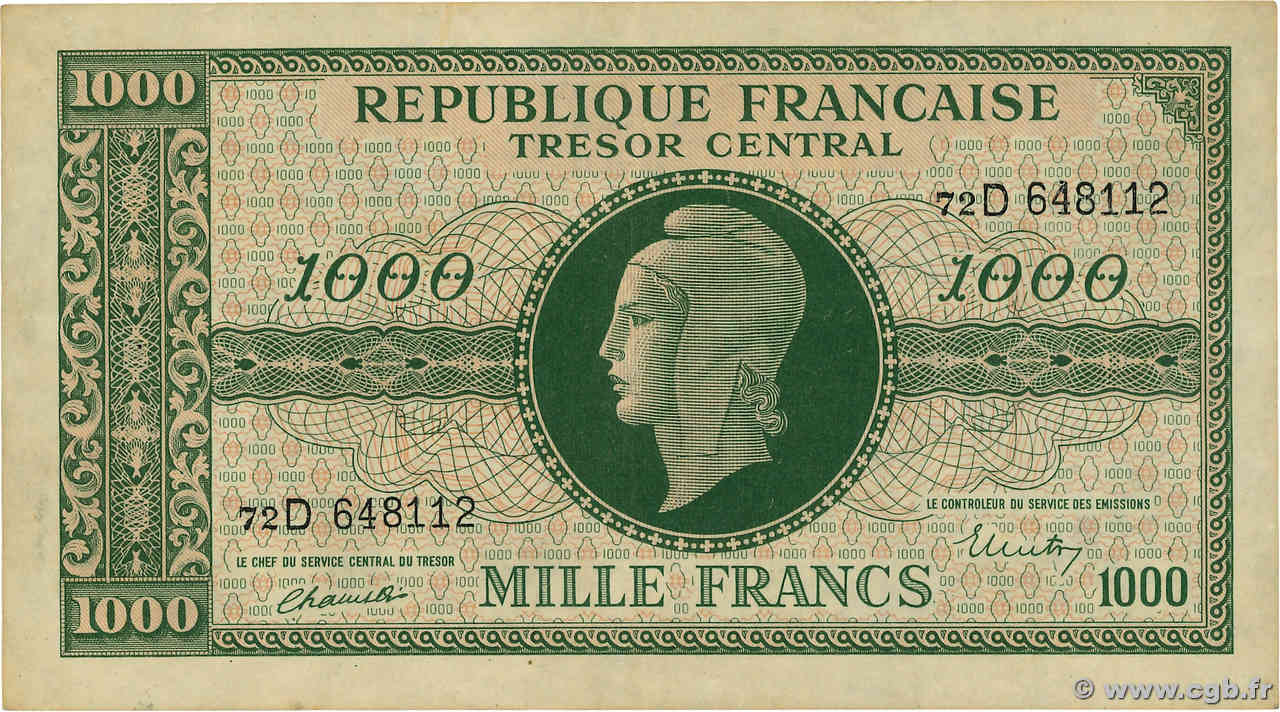 1000 Francs MARIANNE THOMAS DE LA RUE FRANCE  1945 VF.13.01 XF