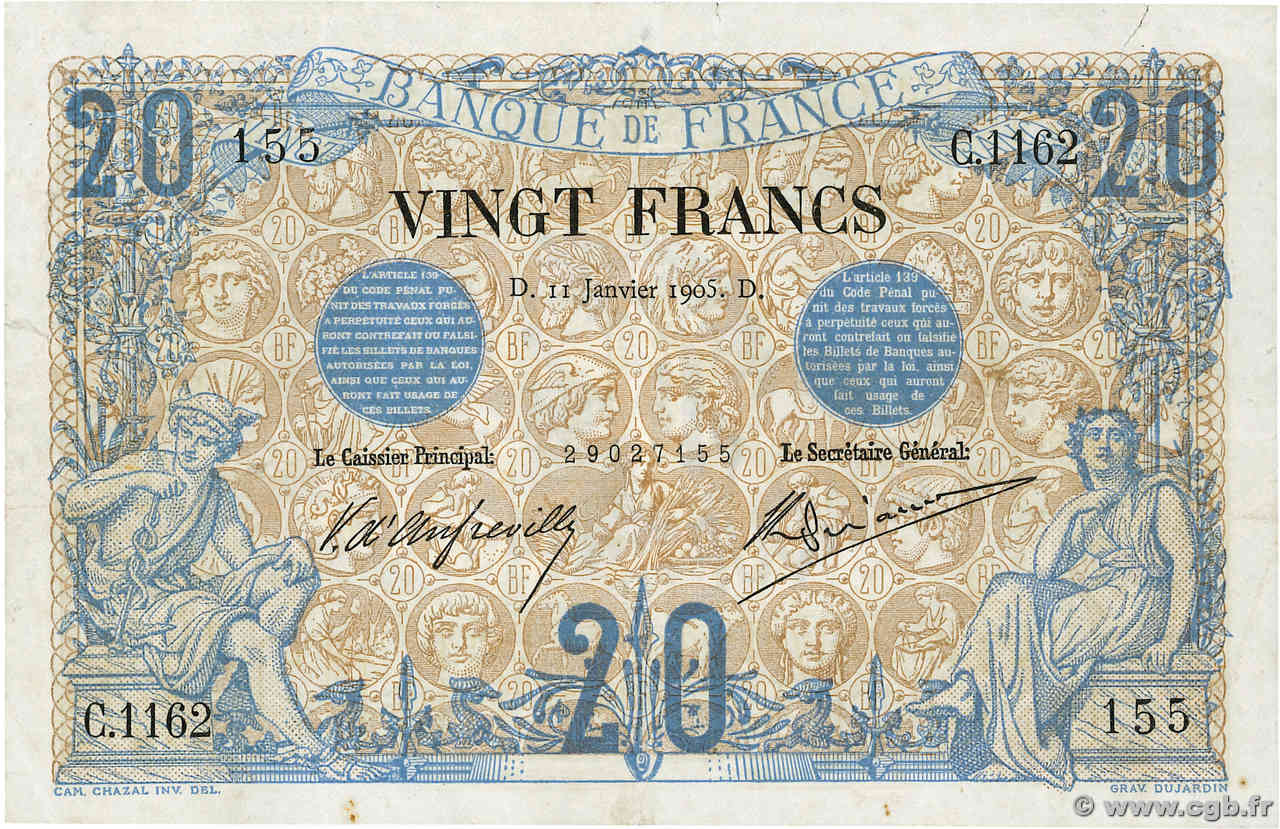 20 Francs NOIR Grand numéro FRANCE  1905 F.09.04 TTB