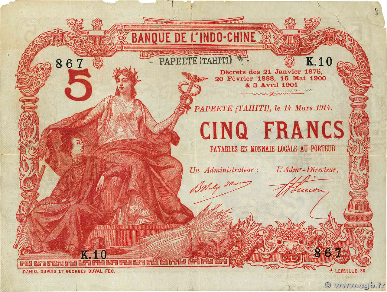 5 Francs TAHITI  1914 P.01b TB+