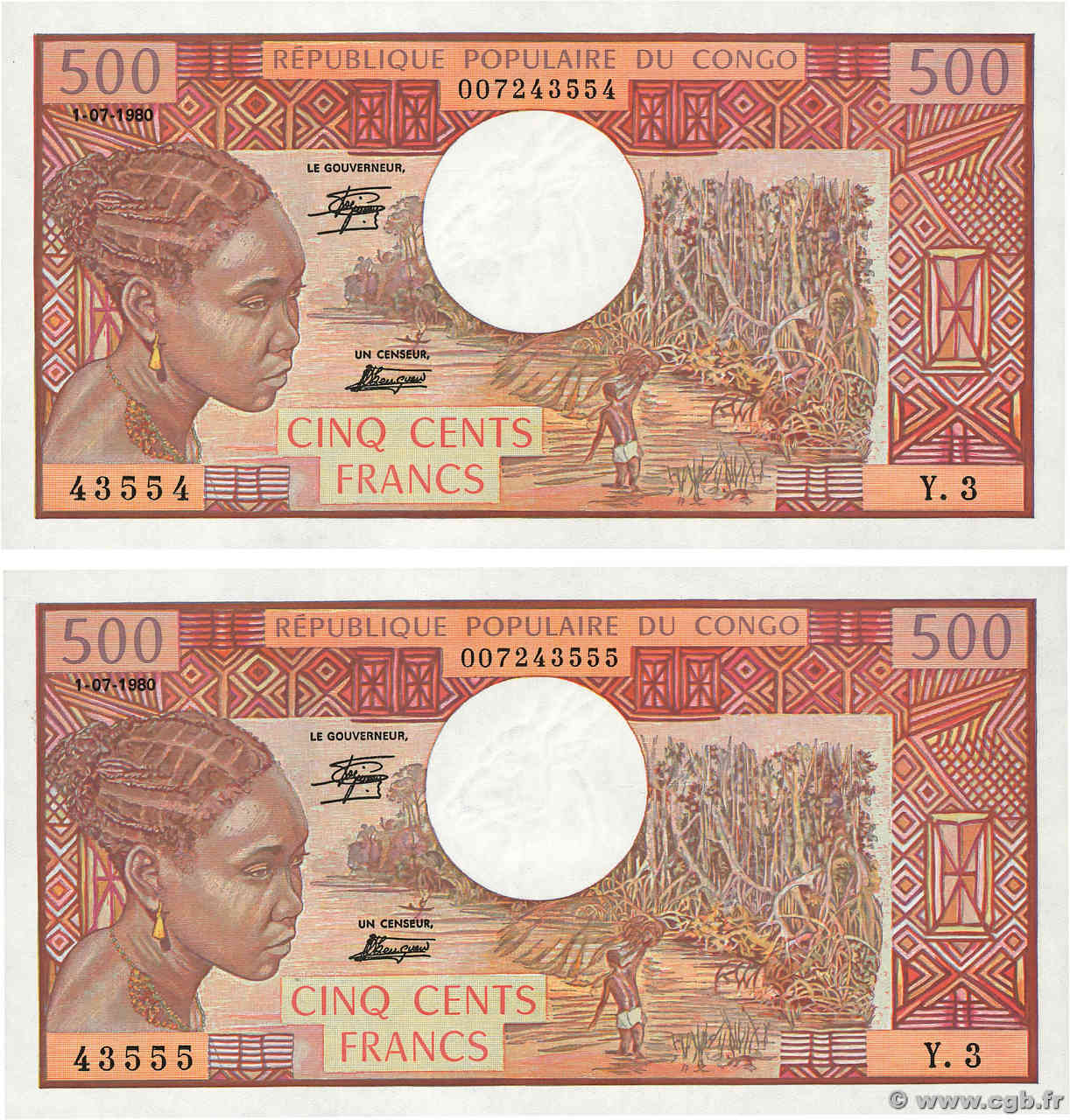 500 Francs Consécutifs CONGO  1980 P.02c UNC-