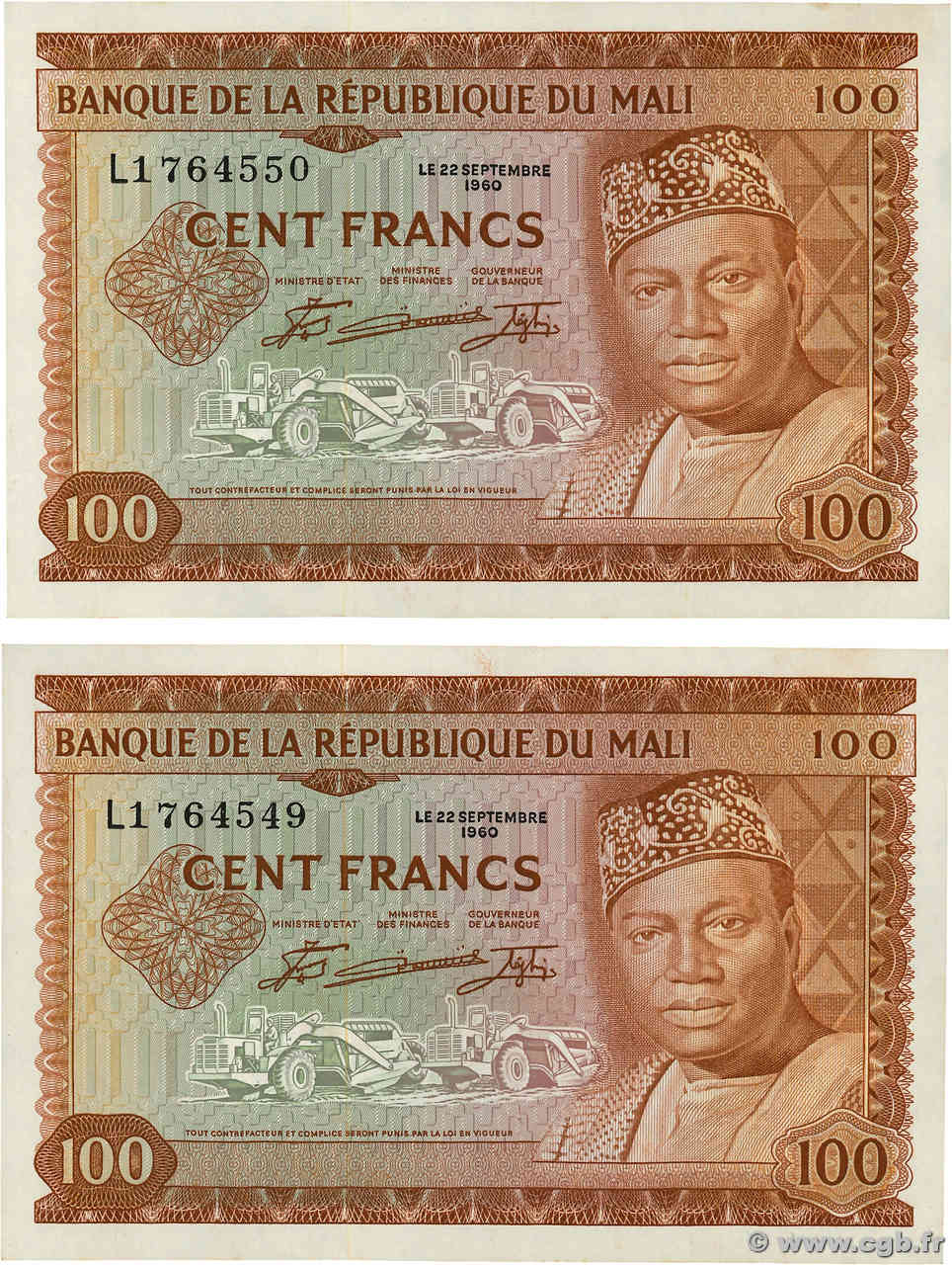 100 Francs Consécutifs MALI  1960 P.07a pr.NEUF