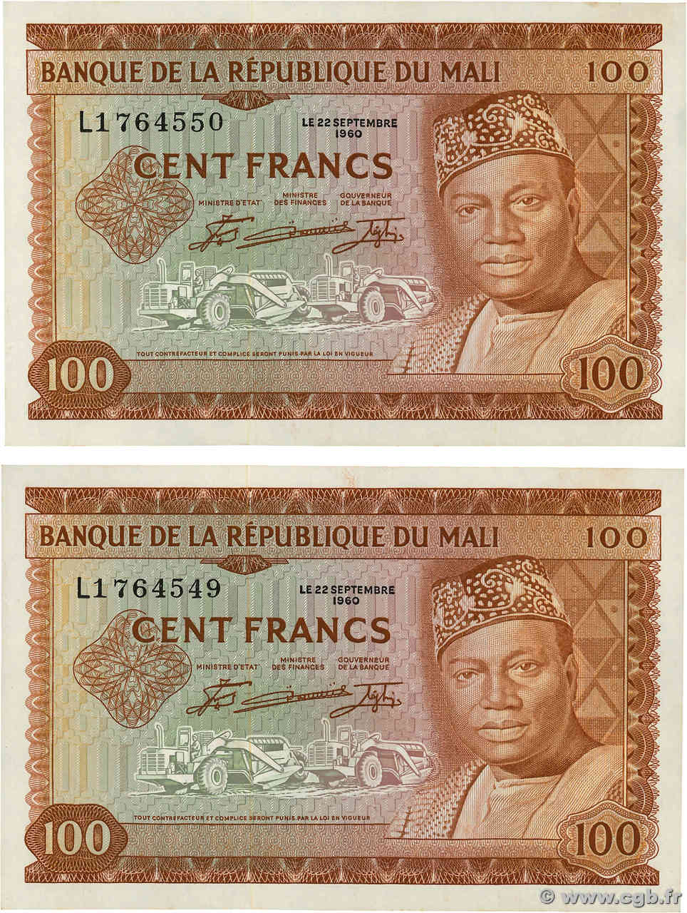 100 Francs Consécutifs MALí  1960 P.07a SC+