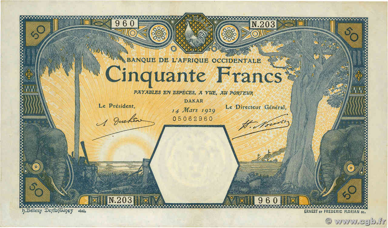50 Francs DAKAR FRENCH WEST AFRICA Dakar 1929 P.09Bc EBC+