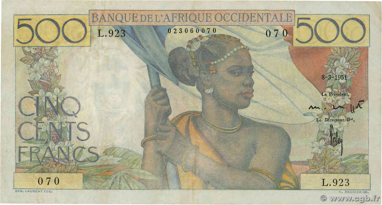 500 Francs FRENCH WEST AFRICA  1951 P.41 MBC