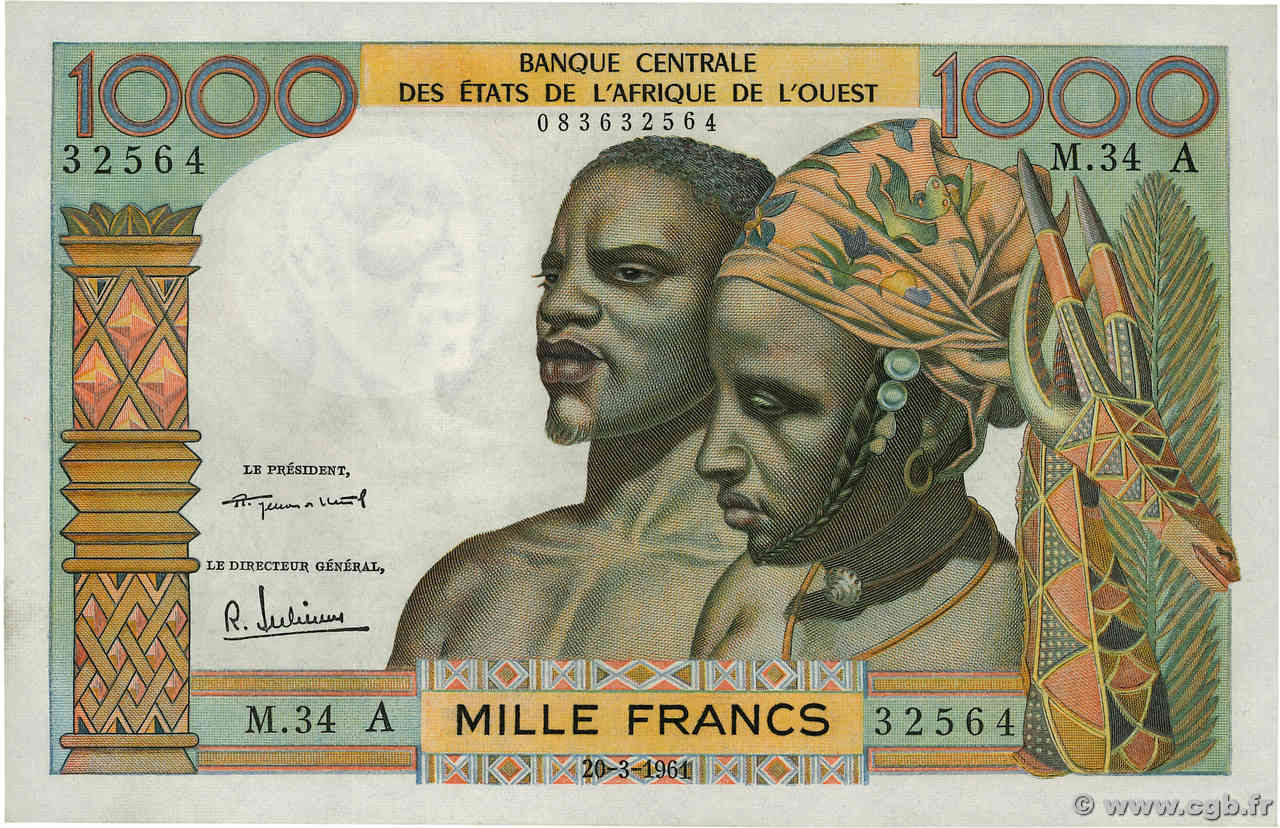 1000 Francs ESTADOS DEL OESTE AFRICANO  1961 P.103Ab SC+