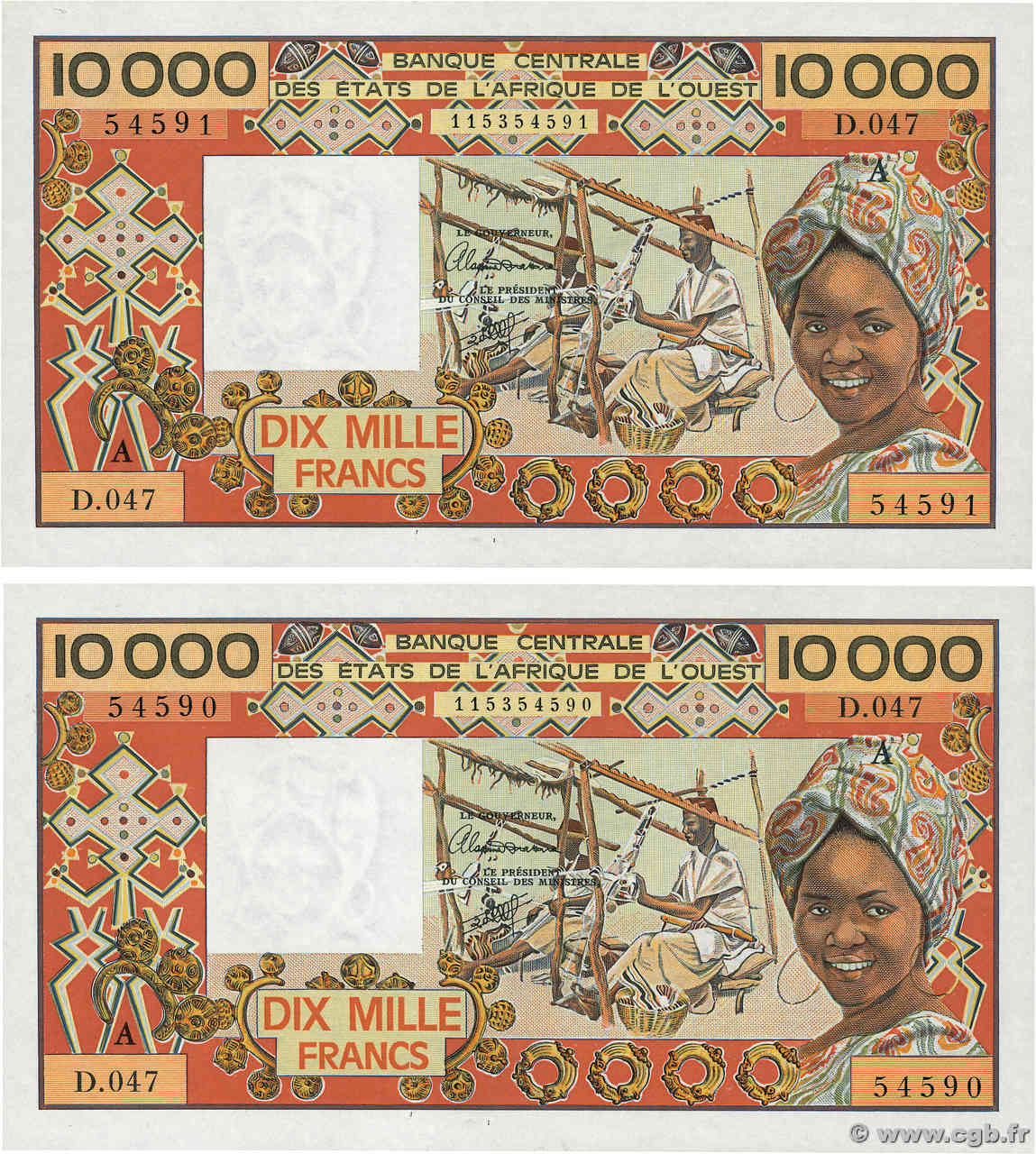 10000 Francs Consécutifs WEST AFRICAN STATES  1980 P.109Aj AU