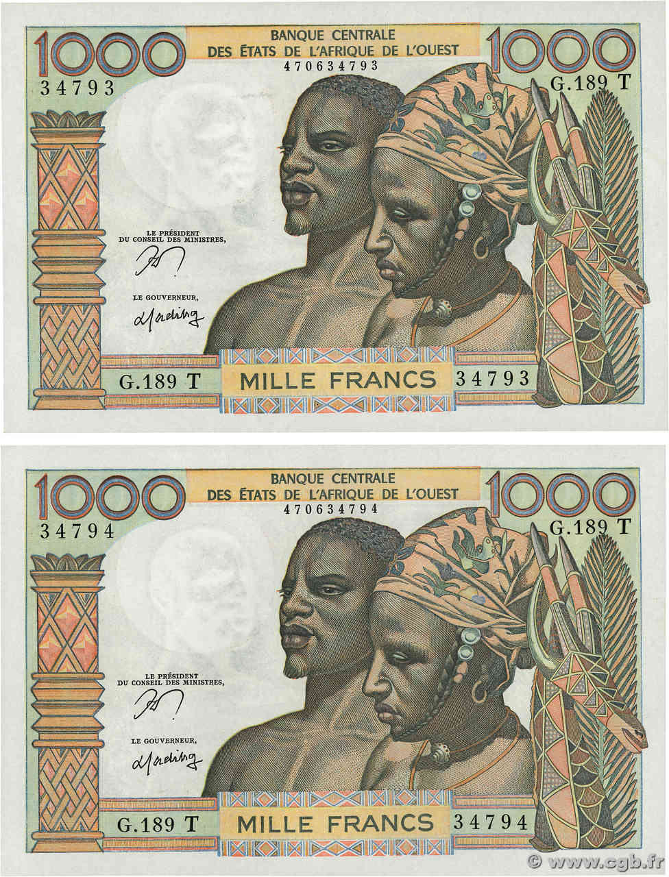 1000 Francs Consécutifs WEST AFRIKANISCHE STAATEN  1977 P.803Tn fST+