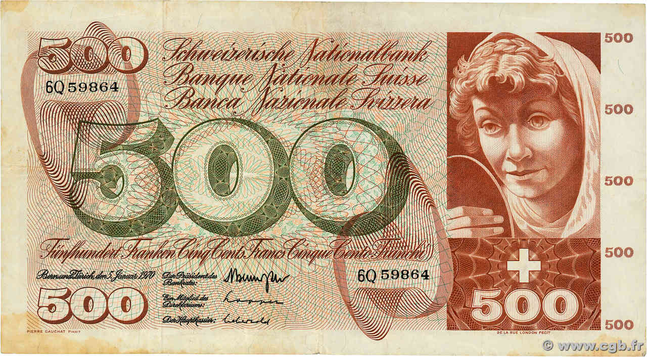 500 Francs SWITZERLAND  1970 P.51h F+