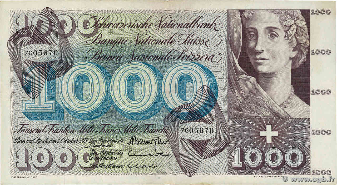 1000 Francs SUISSE  1973 P.52l MBC