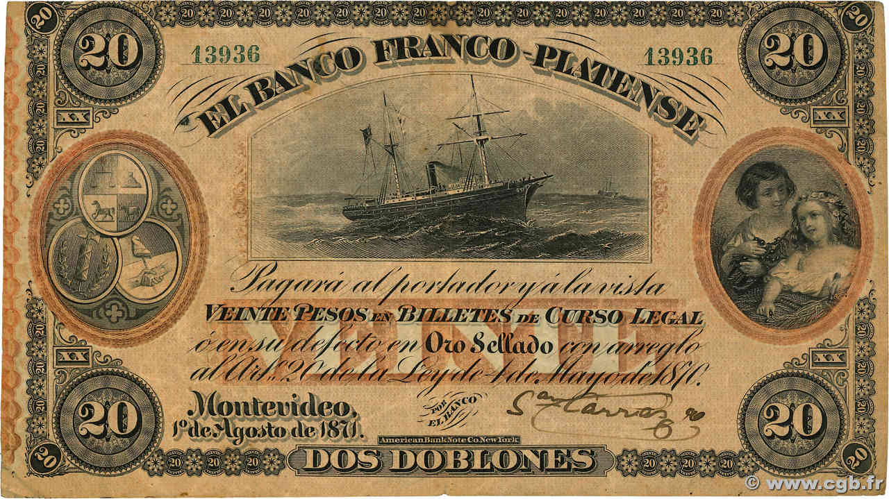 20 Pesos URUGUAY  1871 PS.173a BB