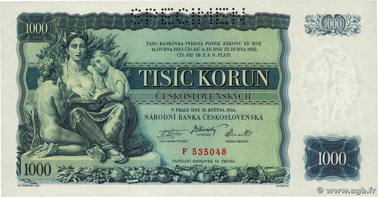 1000 Korun  Spécimen CECOSLOVACCHIA  1934 P.026s q.FDC