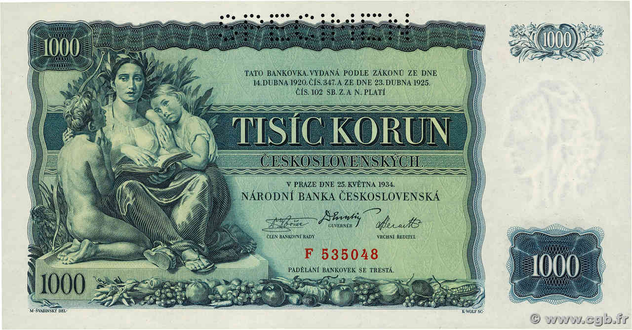 1000 Korun  Spécimen TSCHECHOSLOWAKEI  1934 P.026s fST+