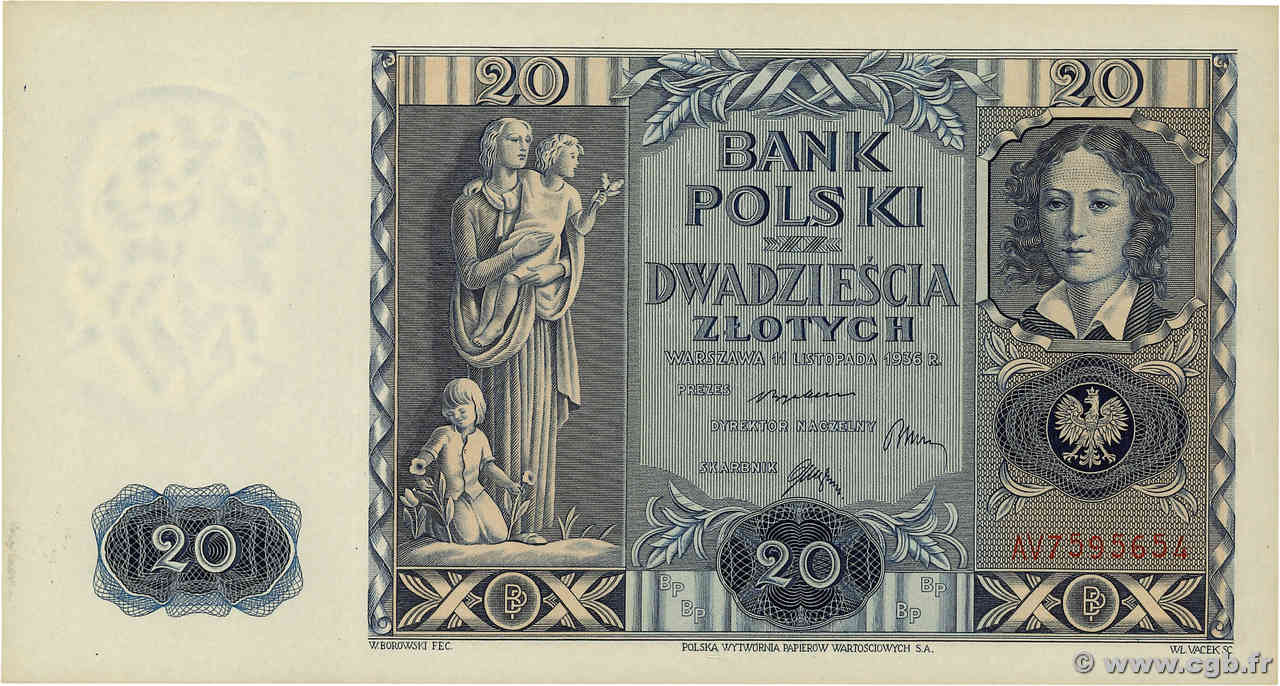 20 Zlotych POLONIA  1936 P.077 q.FDC