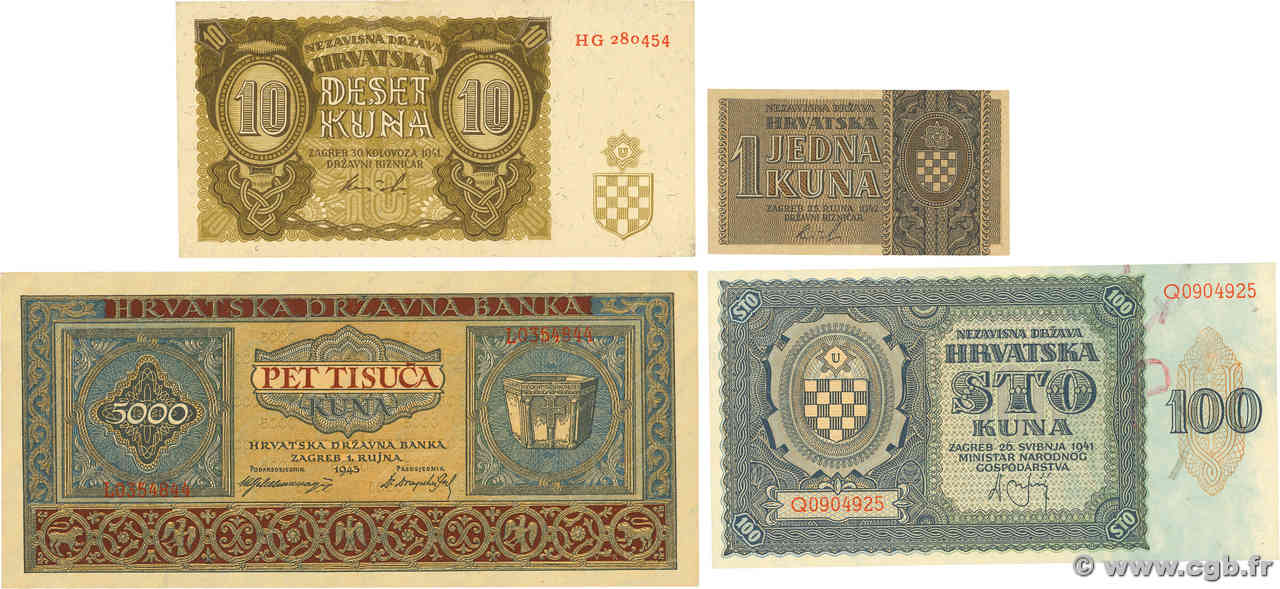 1, 10, 100 et 5000 Kuna Lot CROACIA  1941 P.02, P.05, P.07 et P.13 EBC a SC