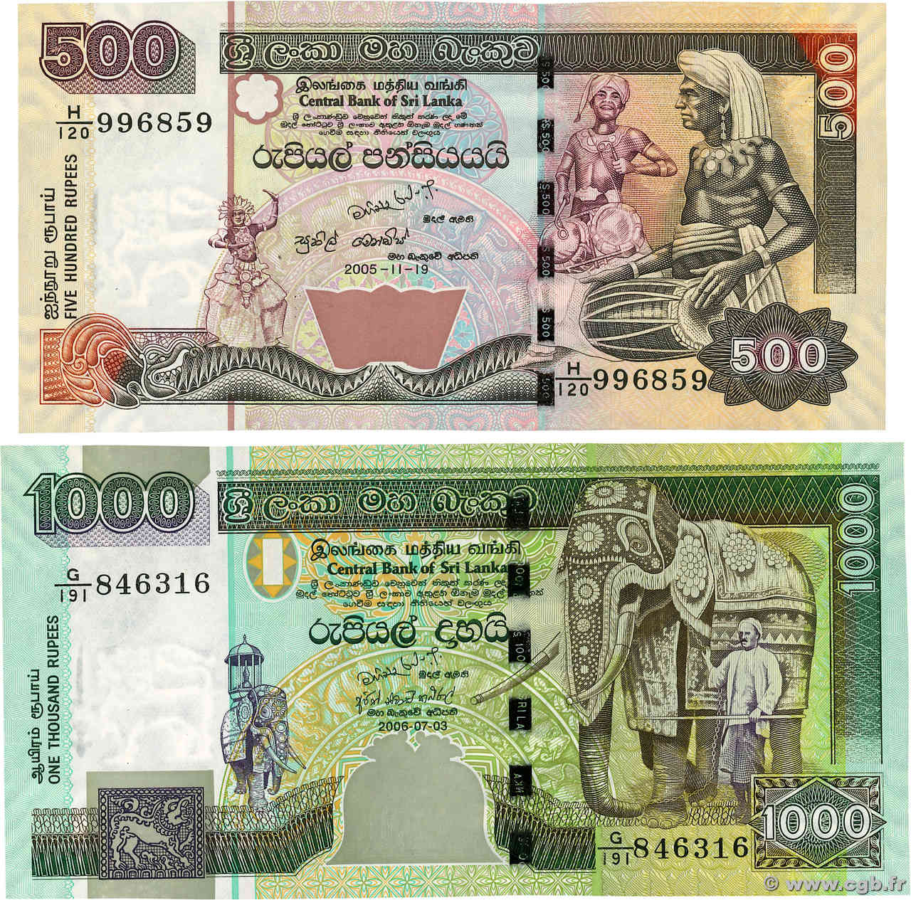 500 et 1000 Rupees Lot SRI LANKA  2004 P.119d et P.120d UNC