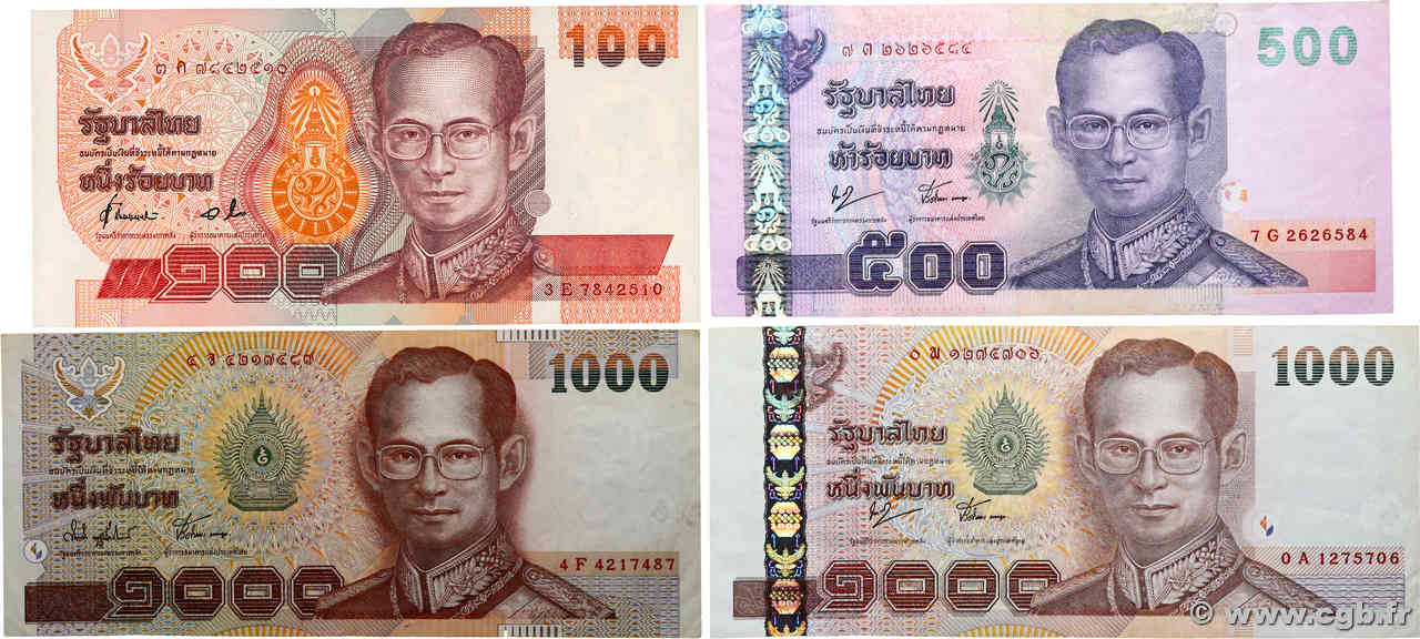 100, 500 et 1000 Baht Lot THAILANDIA  2000 P.097, P.107, P.108 et P.115 BB