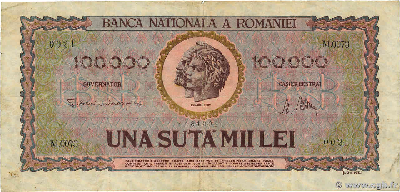100000 Lei ROUMANIE  1947 P.059 B+