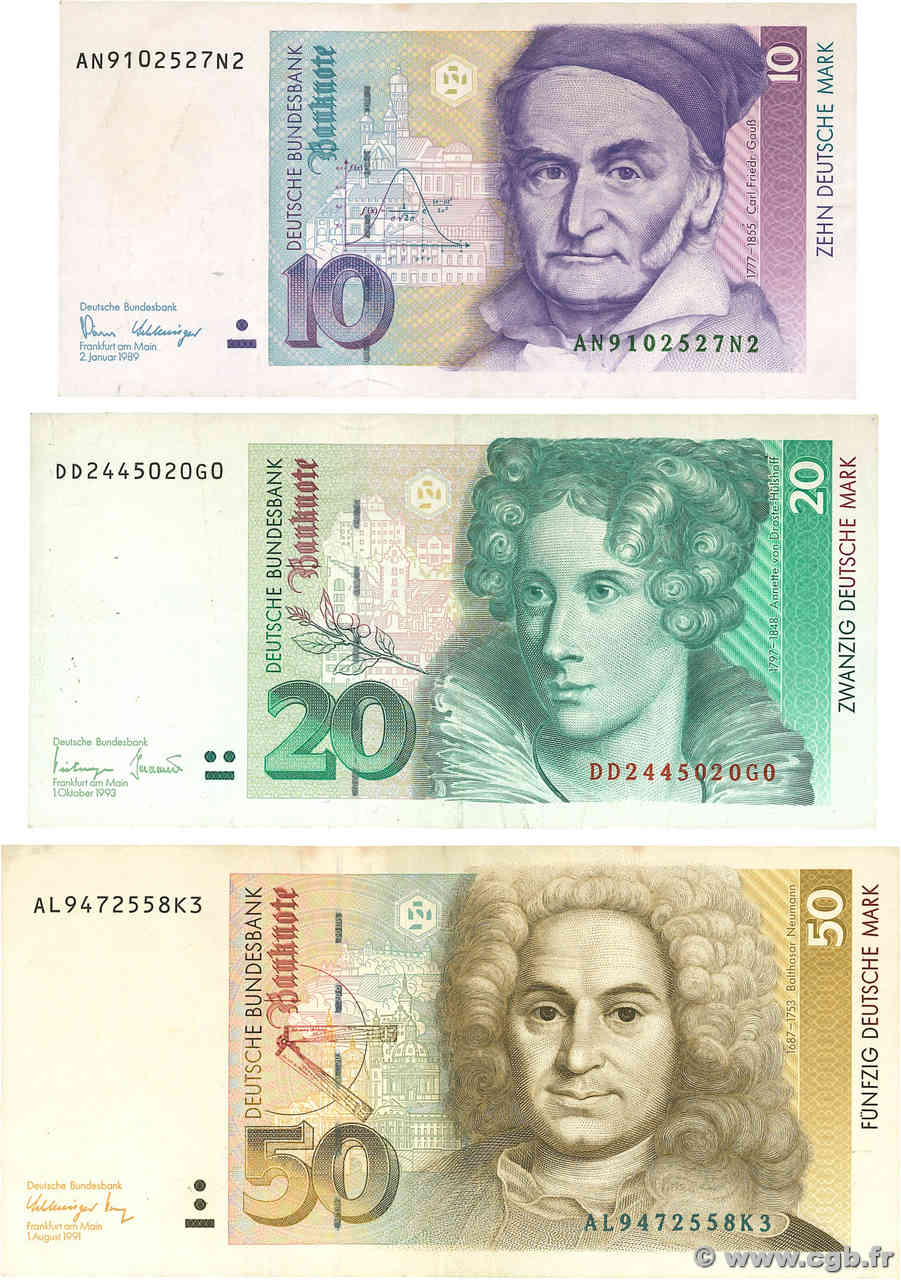 10, 20 et 50 Deutsche Mark Lot ALLEMAGNE FÉDÉRALE  1989 P.38a, P.39b et P.40b TTB