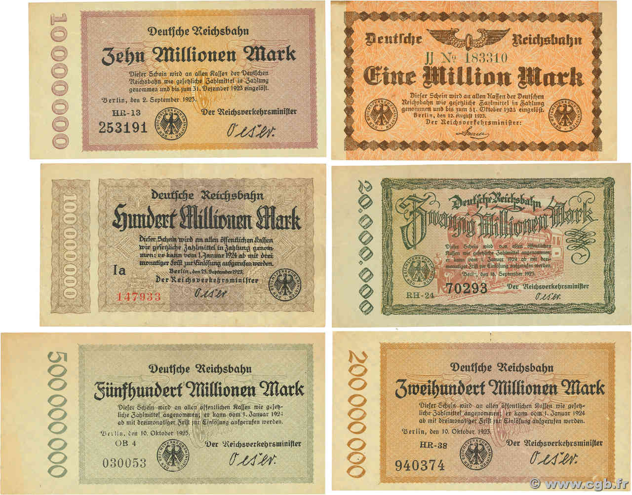 1 au 500 Millions Mark Lot GERMANY  1923 PS.1011, 1014, 1015 et 1017 au 1019 VF - XF