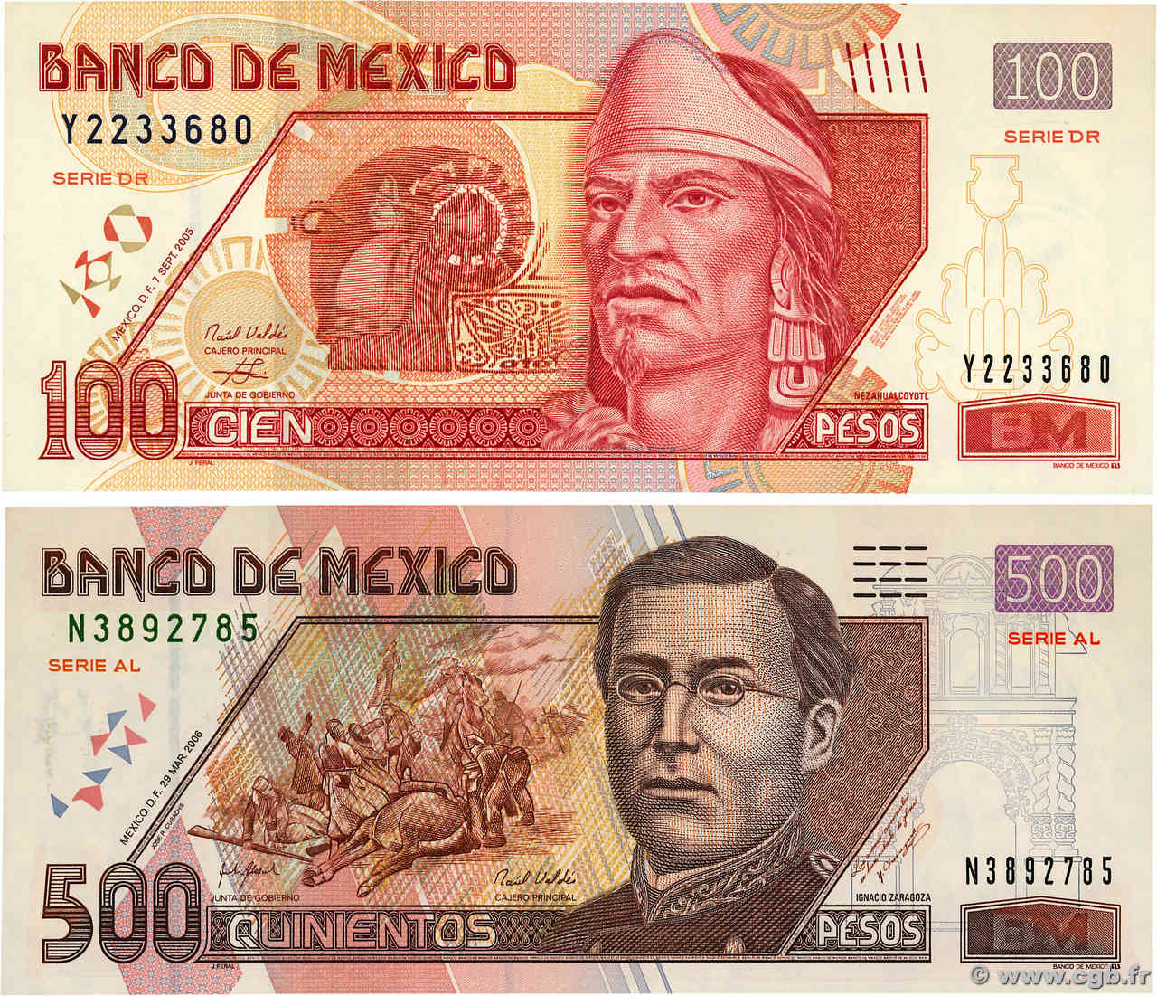 100 et 500 Pesos Lot MEXICO  2005 P.118h et P.120 AU+