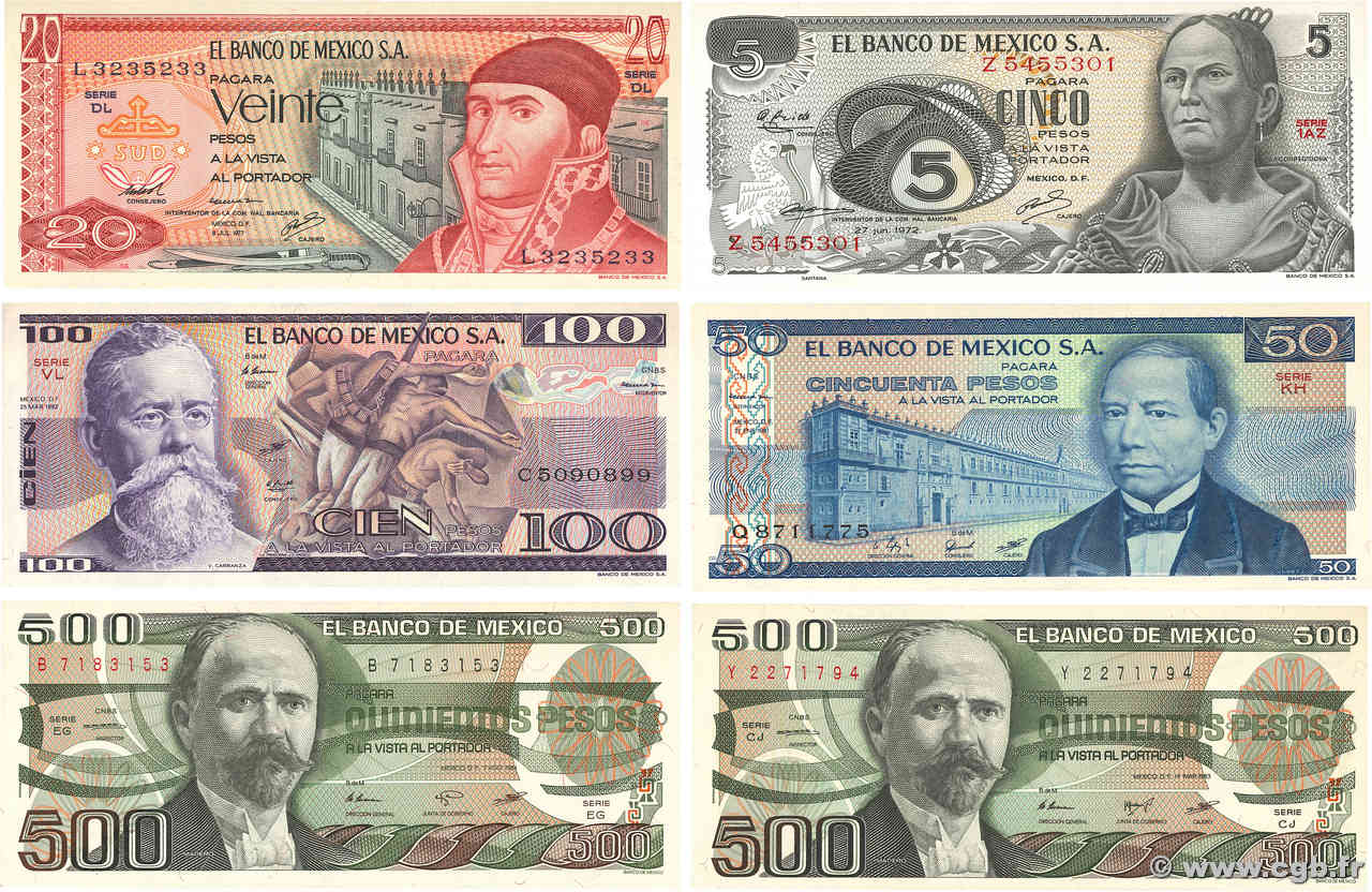 5 au 500  Pesos Lot MEXIQUE  1972 P.062c, P.064d, P073, P.074c, P.079a/b NEUF