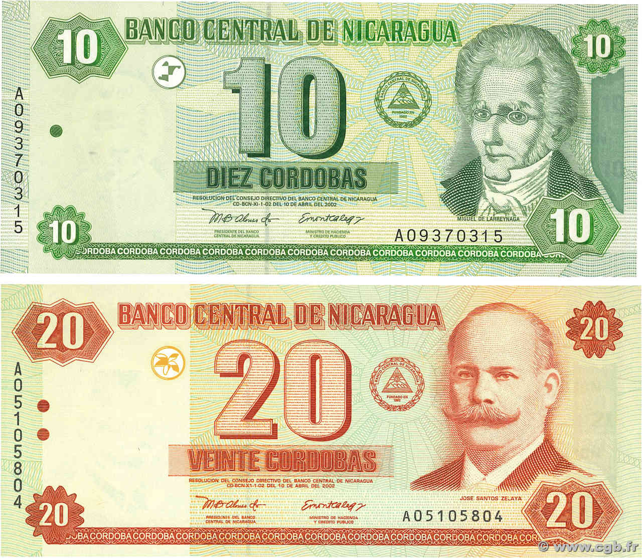 10 et 20 Cordobas Lot NICARAGUA  2002 P.191 et P.192 UNC