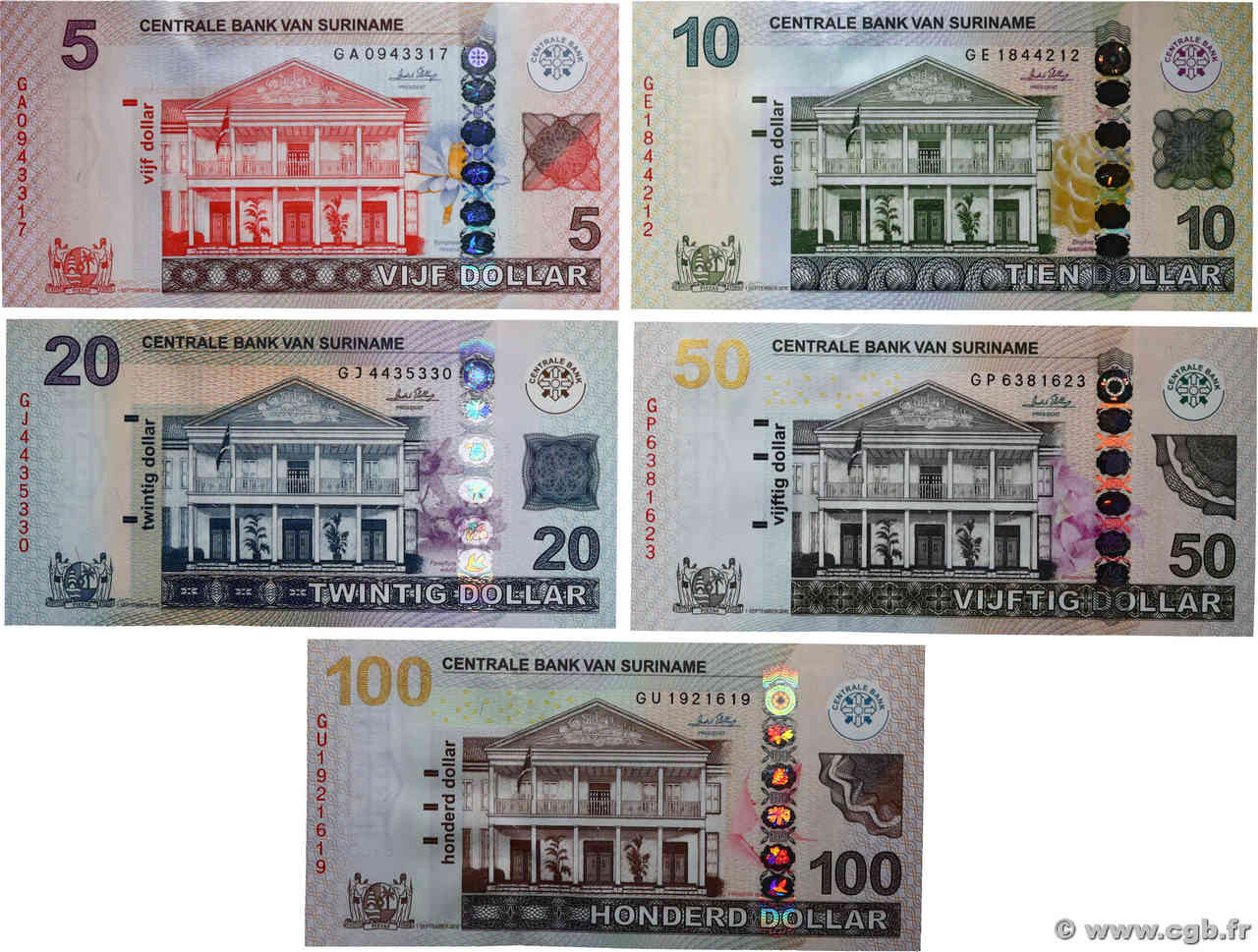 5 au 100 Dollars Lot SURINAM  2010 P.162 au P.166 pr.NEUF