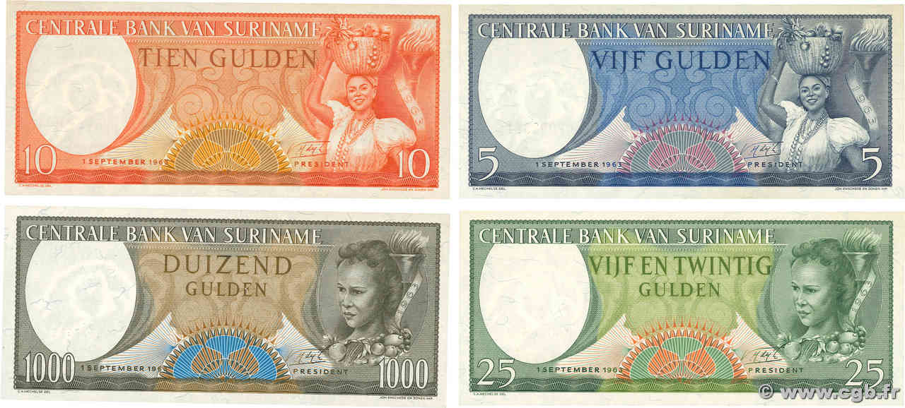 5, 10, 25 et 1000 Gulden Lot SURINAM  1963 P.120 au P.122 et P.124 SC+