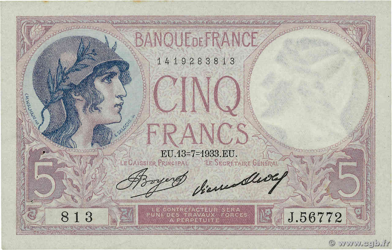 5 Francs FEMME CASQUÉE FRANCIA  1933 F.03.17 MBC+