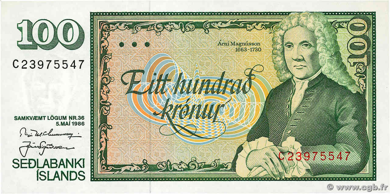 100 Kronur ICELAND  1986 P.54a UNC