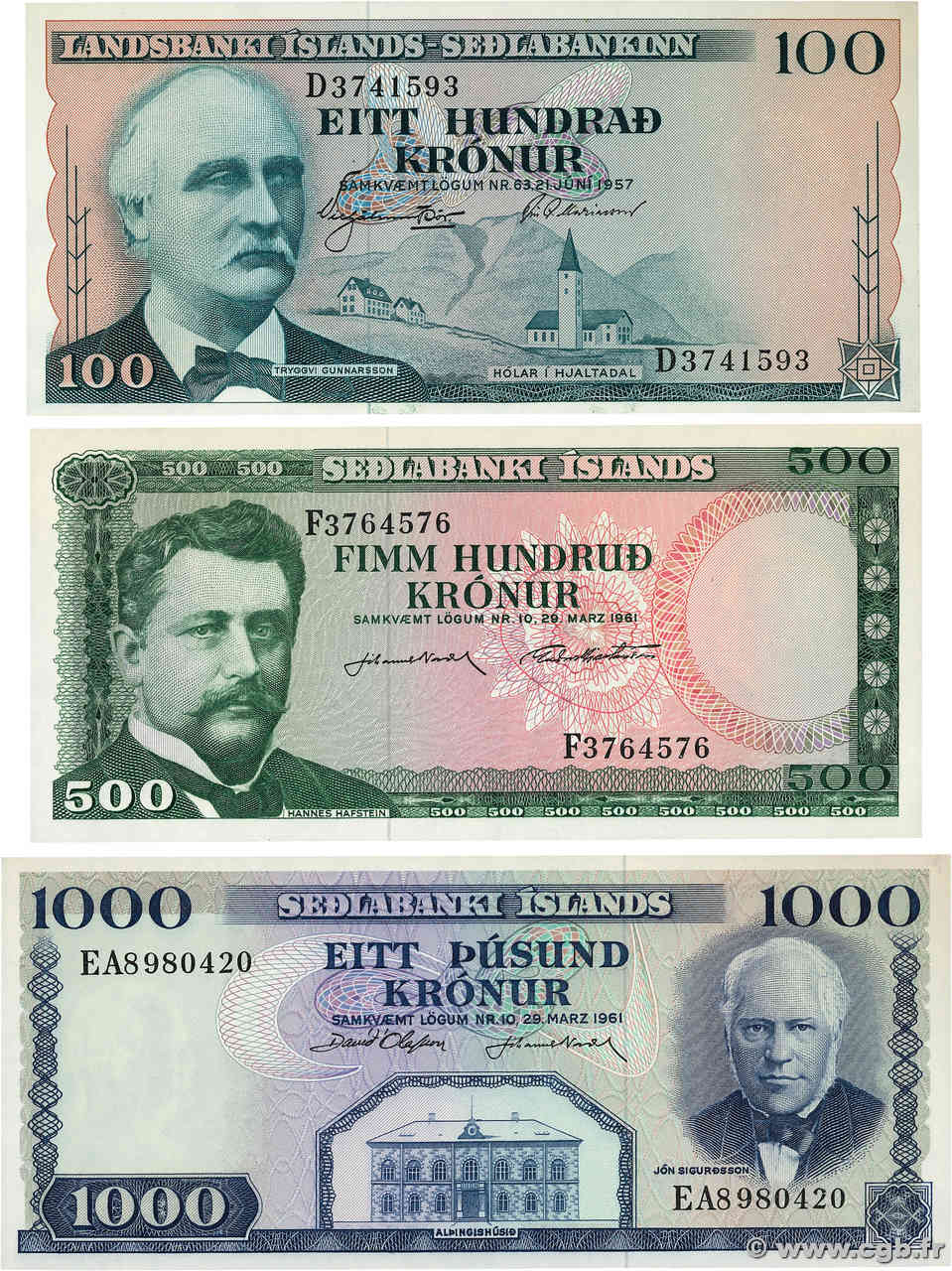 100, 500 et 1000 Kronur Lot ISLANDIA  1957 P.40, P.45a et P.46a SC+