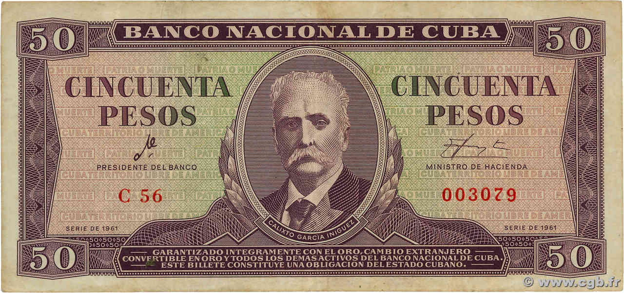 50 Pesos CUBA  1961 P.098a F+
