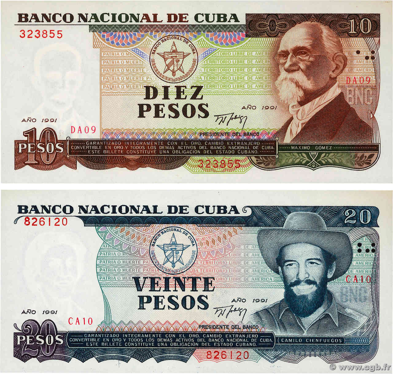10 et 20 Pesos Lot CUBA  1991 P.109 et P.110 UNC