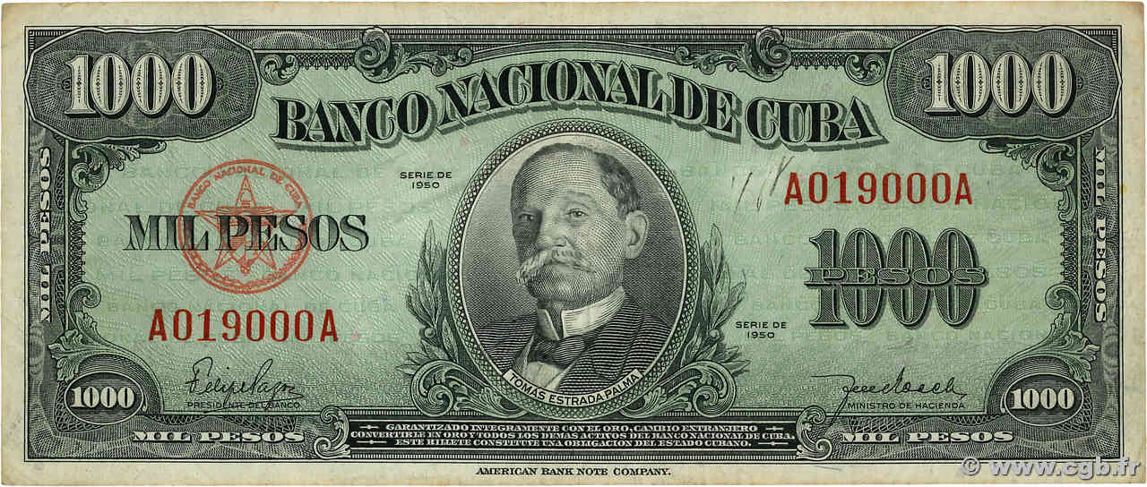 1000 Pesos CUBA  1950 P.084 F+