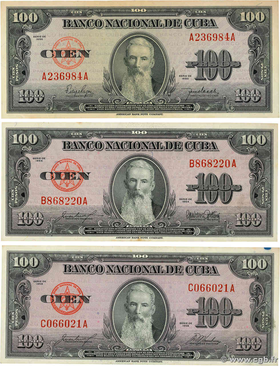 100 Pesos Lot CUBA  1950 P.082a/b/c VF - XF