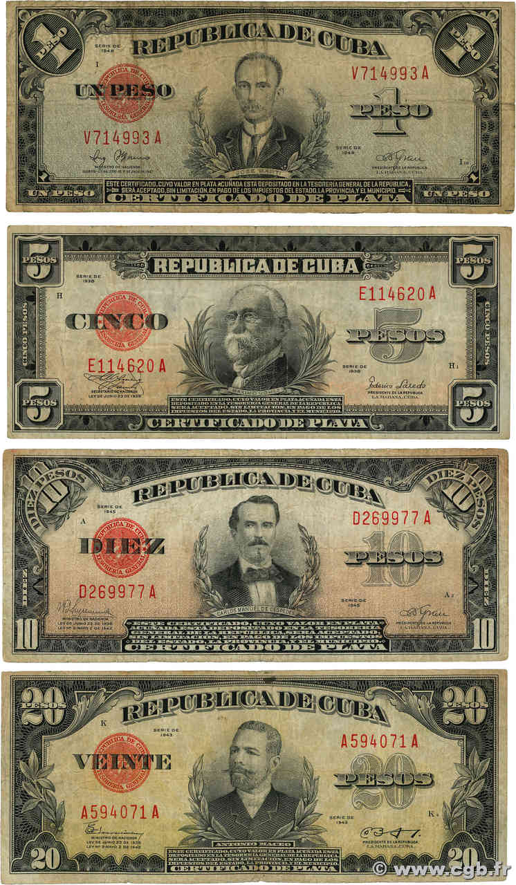 1 au 20 Pesos Lot CUBA  1938 P.069g, 070d, P.071f et P.072e B a MB