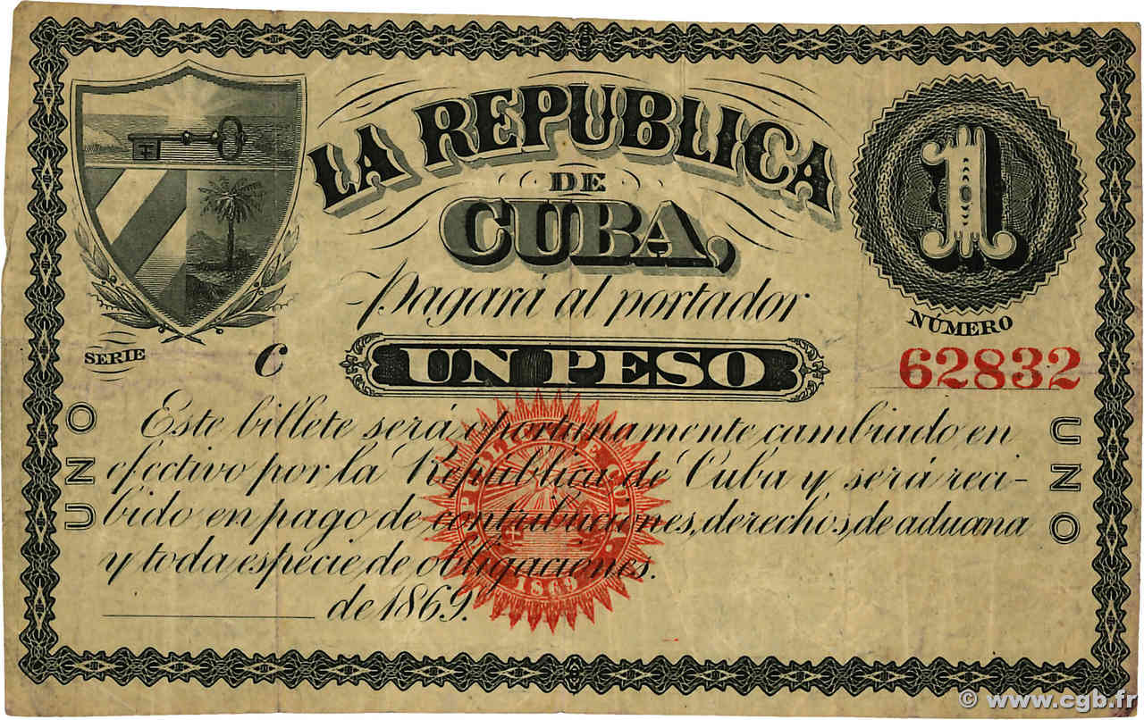 1 Peso CUBA  1869 P.055a BC+