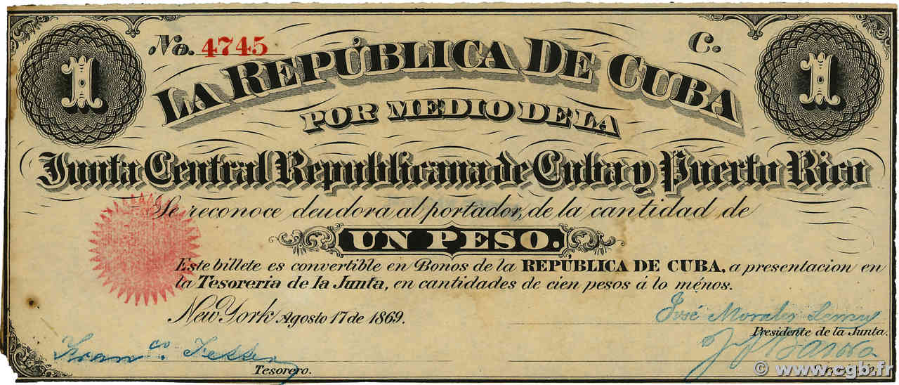 1 Peso CUBA  1869 P.061 SUP+