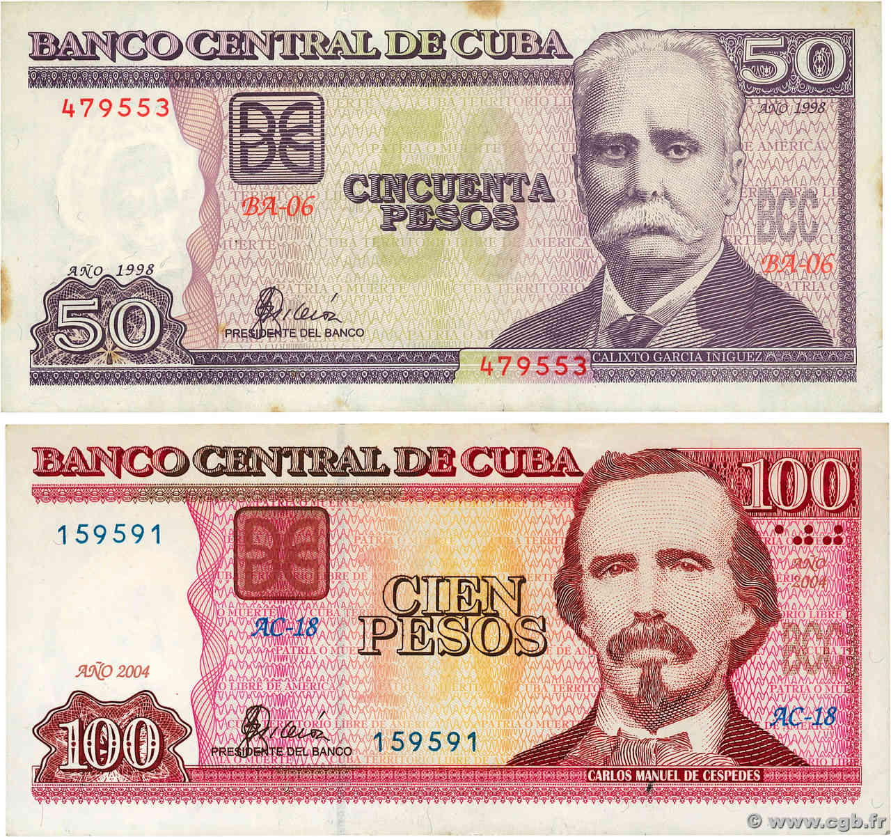 50 et 100 Pesos Lot CUBA  1998 P.119a et P.129a TTB