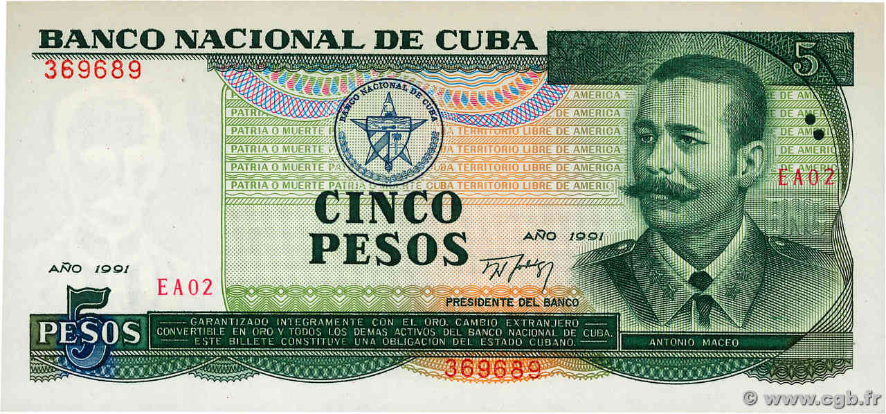 5 Pesos CUBA  1991 P.108a UNC-