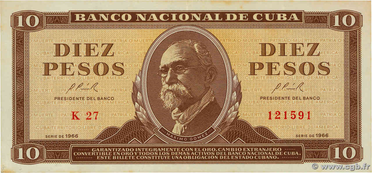 10 Pesos CUBA  1966 P.101 VF+