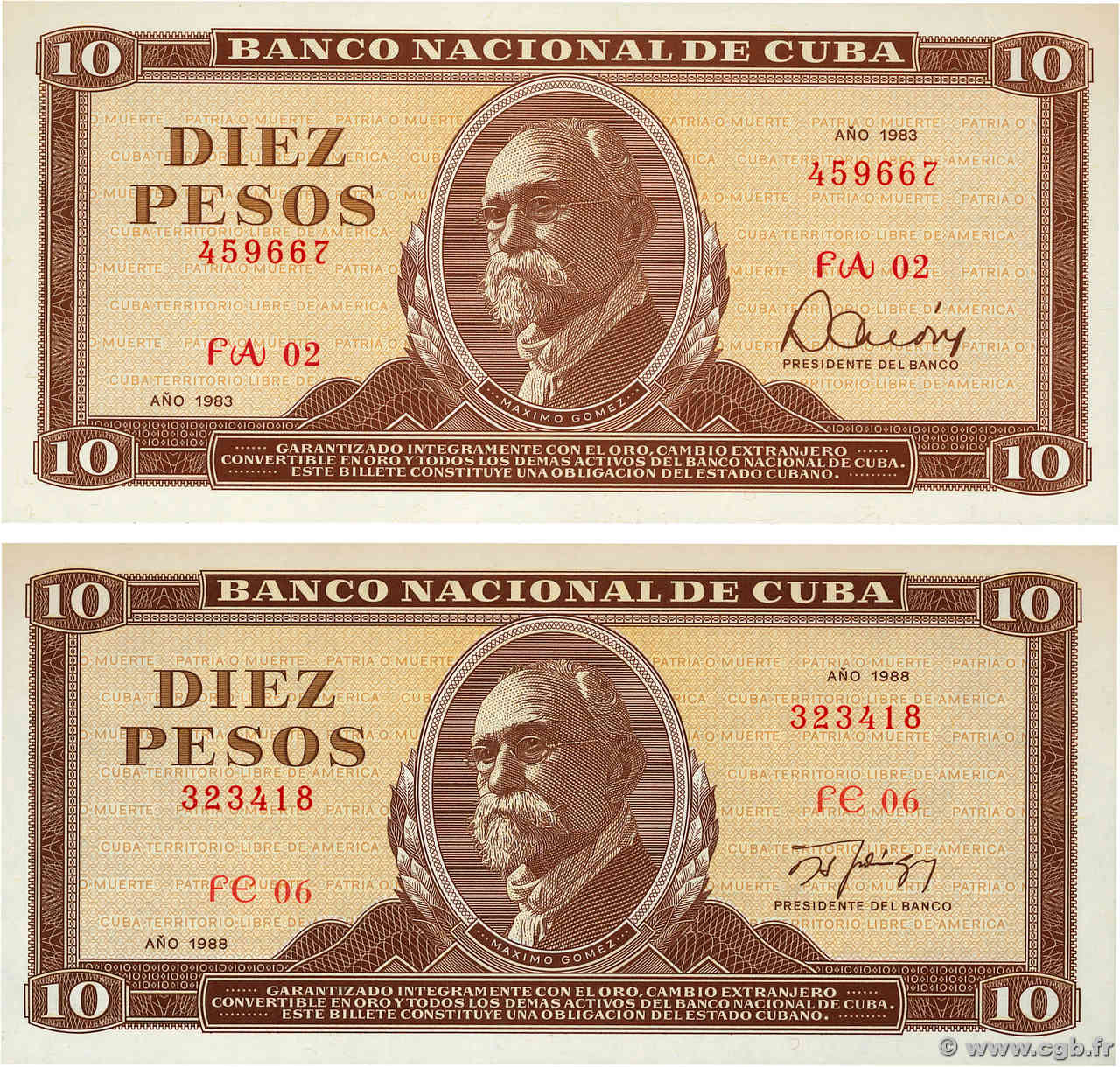 10 Pesos Consécutifs CUBA  1984 P.104c/d NEUF